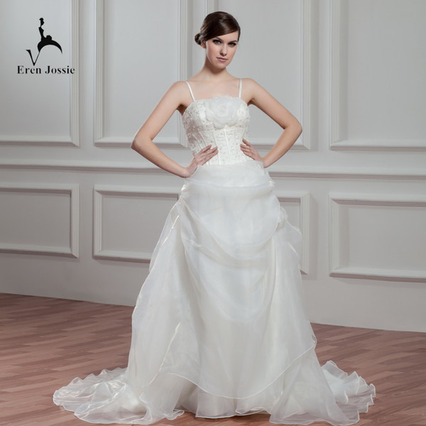 Eren Jossie Modern Design Ivory Organza Thin Straps Bridal Gowns with Beaded Embroidery Wedding Dress 