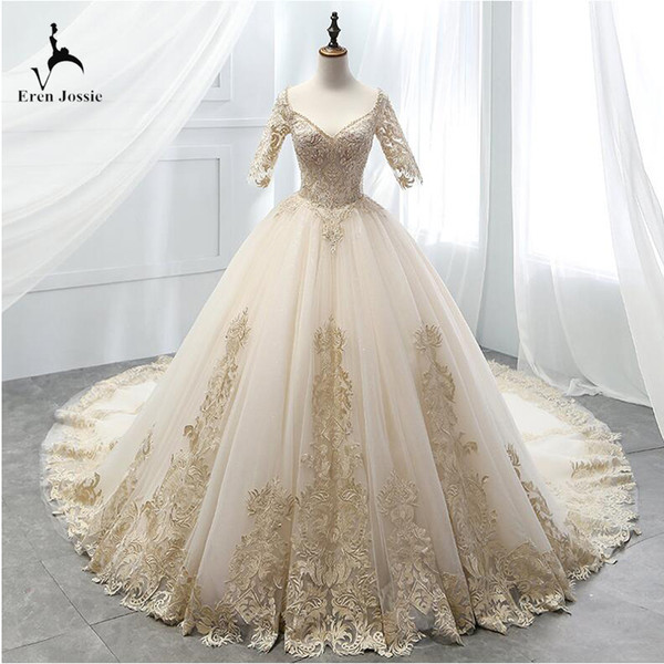 Eren Jossie Charming Design 1/2 Sleeve Royal Queen's Chapel Train Luxury Wedding Gown With Gold Appliques Corset Back Style