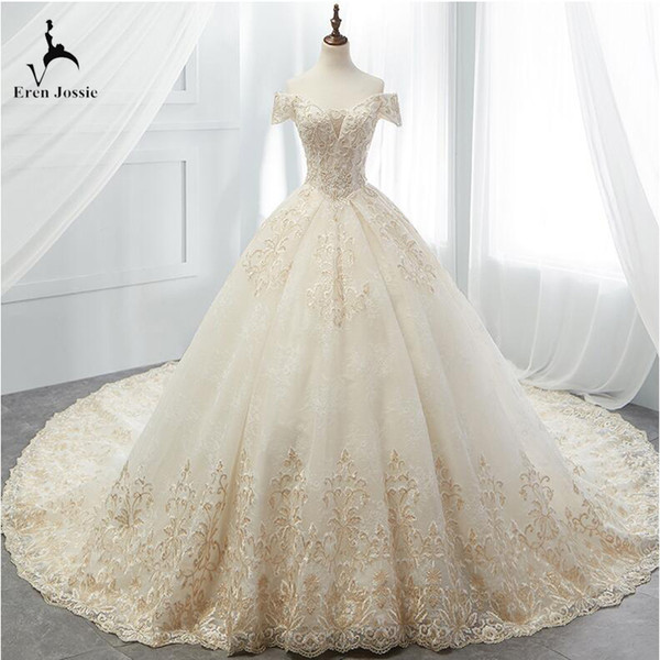 Eren Jossie 2019 High Quality Luxury Royal Cap Sleeve Style Beige Wedding Gown Cathedral Train Corset Design