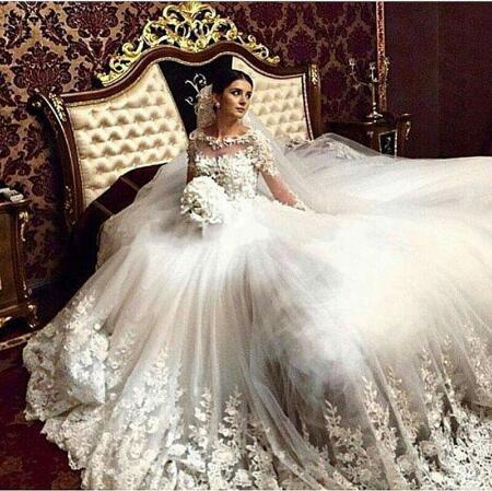 Vintage Cathedral Train Lace Wedding Dress 2016 Tulle Appliques Long Sleeve Vestido De Noiva vestido de noiva estilo princesa