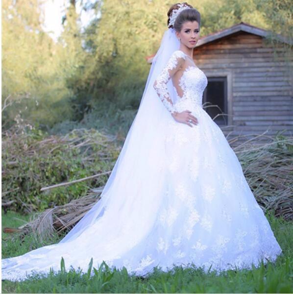 Custom Made Modest Lace Wedding Dresses 2017 Romantic Sheer Back Long Sleeve Princess Bridal Gowns Plus Size vestido de noiva