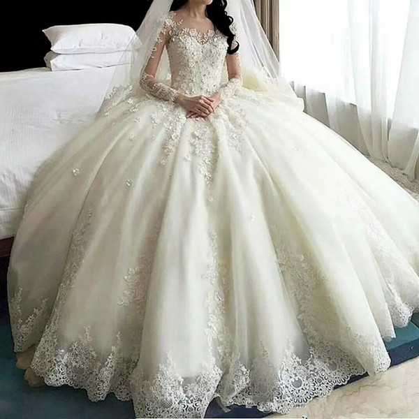 2017 Elegant Long Sleeve Lace Ball Gown Wedding Dresses With Appliques Tulle Plus Size Bridal Gowns Vestido De Novia BW11