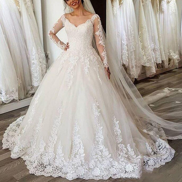 ZYLLGF Ball Gown V Neck Long Sleeves Bridal Gown Sexy Lace Applique Floor Length Custom Made Wedding Dresses Bride Dress For Wedding