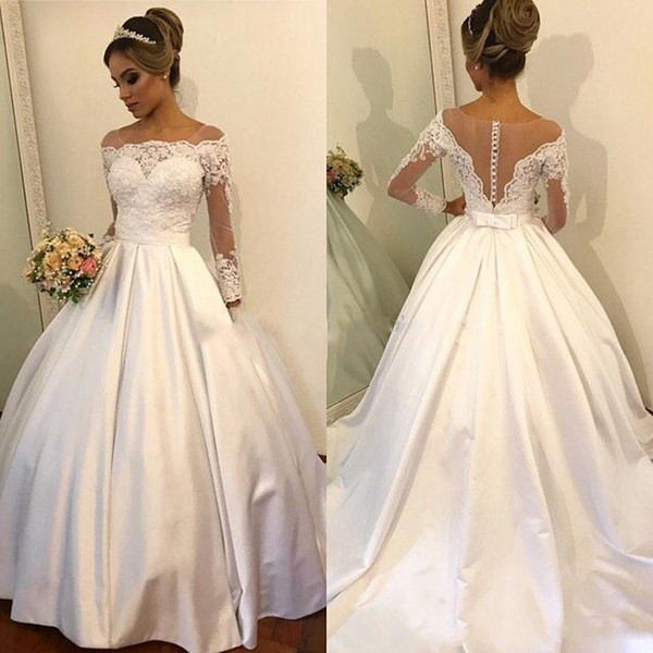 ZYLLGF Ball Gown Satin Bridal Dresses Boat Neck Lace Applique Sweep Train Covered Button Wedding Dress Long Sleeve Wedding Gown Custom Made