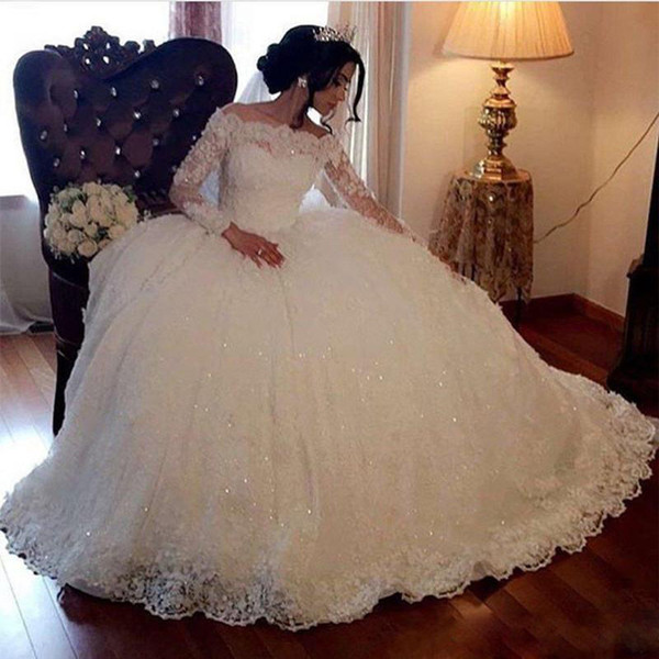 ZYLLGF Ball Gown Wedding Dresses Vintage Long Sleeves Lace Appliques Sequins Puffy Arabic Dubai Formal Church Bridal Gowns Plus Size