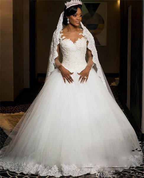 ZYLLGF New White Tull Lace African Ball Gown Wedding Dresses Sheer Long Sleeves Court Train Bridal Gowns Robe De Mariee Plus Size