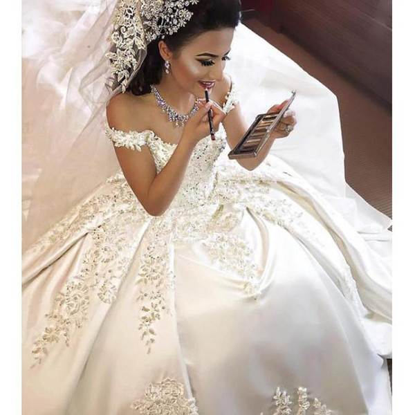 ZYLLGF Sexy Saudi Arabia Ball Gown Wedding Dresses Lace Appliques Off-Shoulder Court Train Plus Size Bridal Gowns With Beadings