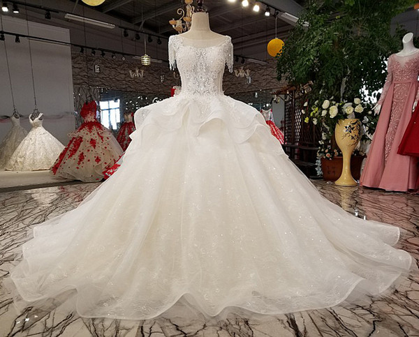 ZYLLGF Ball Gown Luxury Wedding Dresses 2018 Boat Neck Lace Appliques Robe De Mariee Tiered Bottom Abiti Da Sposa With Beadings