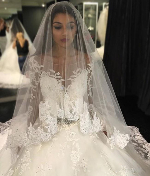 ZYLLGF Luxury Ball Gown Wedding Dresses Sheer Neck Long Sleeves Beaded Crystal Lace Tulle Plus Size Cathedral Train Wedding Dresses