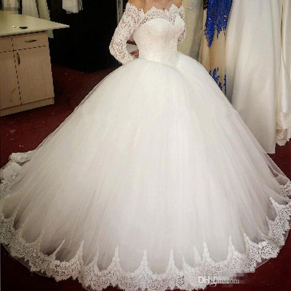 Elegant Lace Tulle Ball Gown Wedding Dresses Long Sleeve Off Shoulder Floor Length 2017 Bridal Wedding Gowns With Sequins Beadings