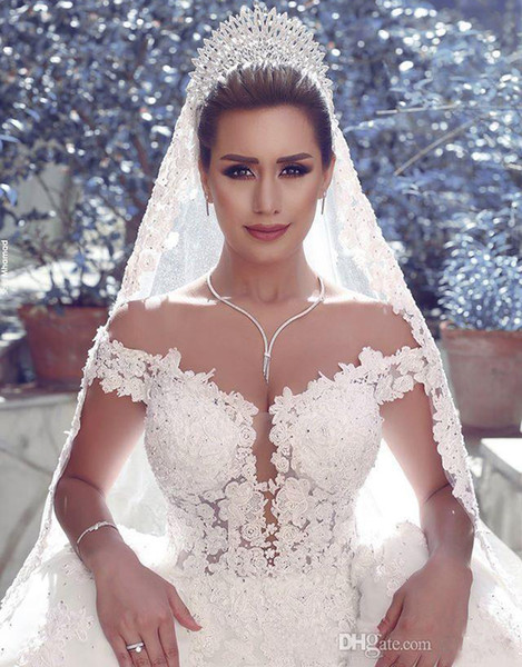 Arabic Wedding Dresses 2016 Gorgeous Off Shoulder White/Ivory Tulle Lace Applique Fitted Beaded Ball Gown Court Train Bridal Gowns Lebanon