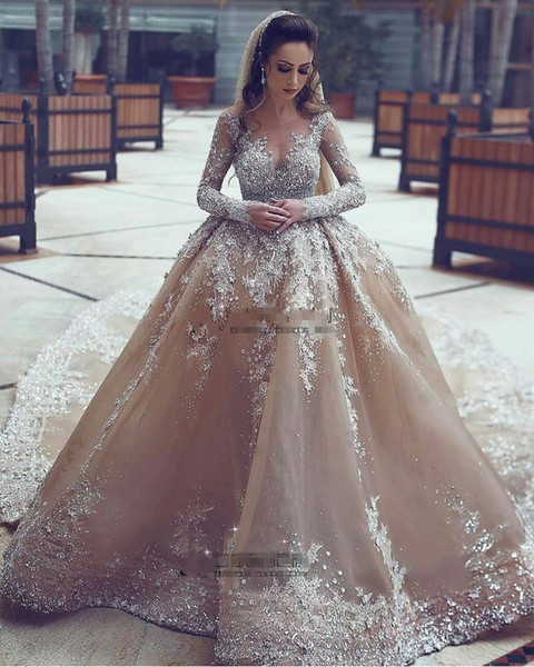 Sparkly Ball Gown Wedding Dresses Sheer Neck Sequins Beaded Tulle Long Sleeves Backless Wedding Gowns Plus Size Bridal Dresses DH4095