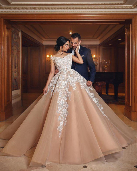 Elegant Ball Gown Wedding Dresses Off The Shoulder Appliques Lace Tulle Plus Size Pink Wedding Gowns Bridal Dresses HY202