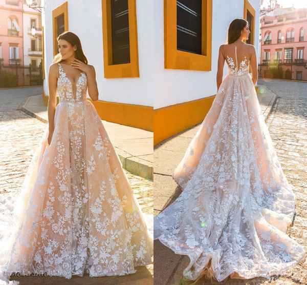 Crystal Design Bridal Sleeveless Straps Deep Plunging Full Embellishment Blush Color A Line Wedding Dresses Sheer Back Royal Train