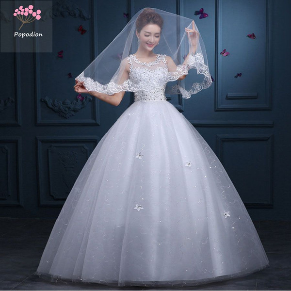 Popodion One word shoulder bride wedding dress pregnant women wedding dresses lace wedding dress dhWED90008