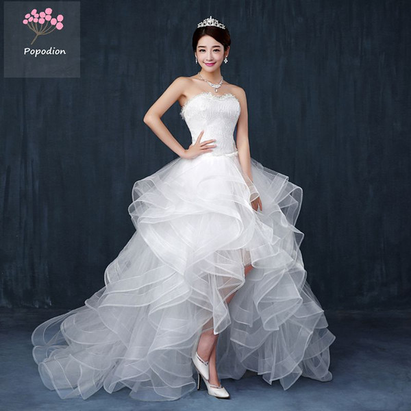 Popodion strapless wedding dress sexy short front long back bride women lace long train wedding dresses