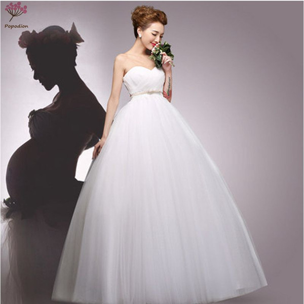 Popodion Simple Pregnant Woman Wedding Dresses Strapless Plus Size High Waist Wedding Gown dhWED90012