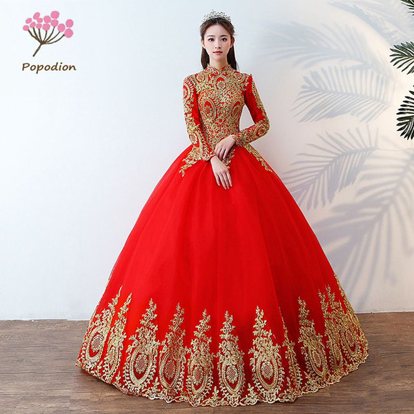 Popodion red high neck wedding dress lace plus size wedding gowns for bride bride dress vestido de noiva WED90457