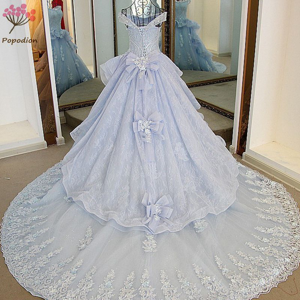 Popodion luxury wedding gown lace bow wedding dresses blue bride dress vestido de noiva WED90469