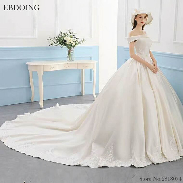 EBDOING Luxurious Ball Gown Wedding Dress Boat Neck Neckline Short Sleeves Chapel Train Plus Size Lace Up Custom Made Bridal Gown