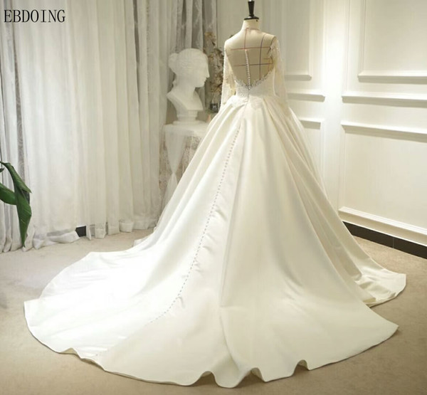 EBDOING Charming Ball Gown Wedding Dress Scoop Full Sleeves Chapel Train Plus Size Custom Made Sexy Back With Lace Appliques Bridal Gown