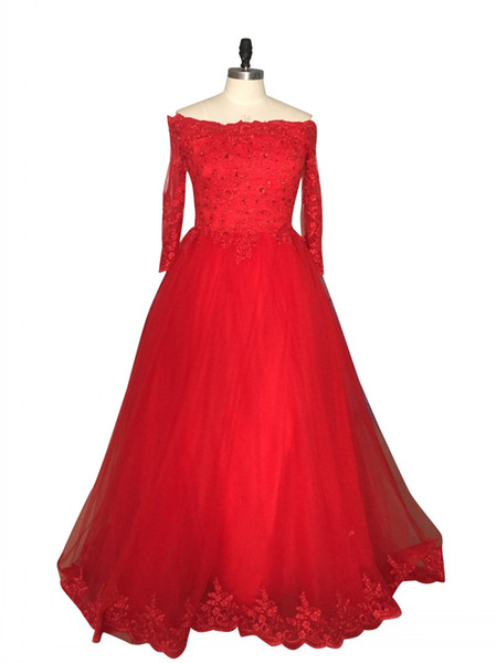 Hot Red Ball Gown Wedding Dress Charming Woman Boat Neck Appliqued Tulle Long Sleeve Bride Dresses trouwjurk 