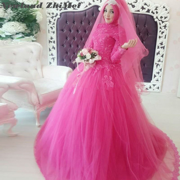 Baby Pink Arabic Wedding Dress Islamic Style Muslim Long Sleeve High Neck Ball Gown Bride Dresses gelinlik Custom Made