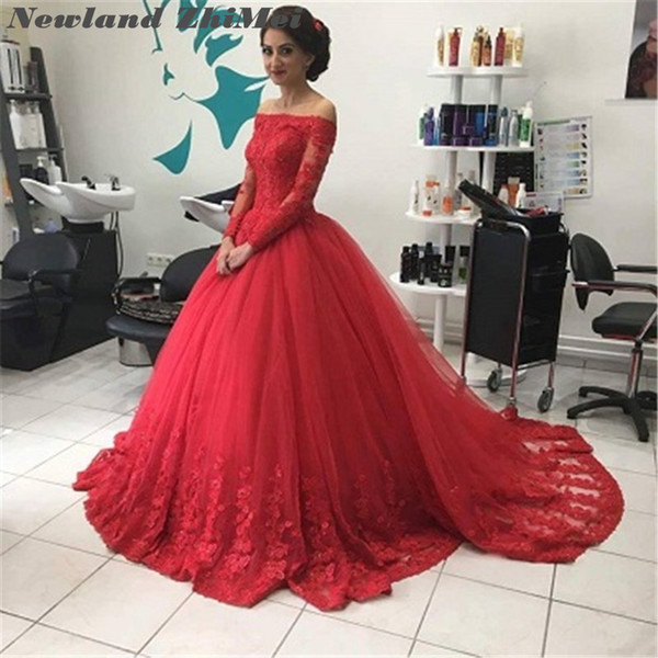 Red Ball Gown Bride Dress Charming Woman Boat Neck Lace Applique Long Sleeve Wedding Dresses vestidos de novia