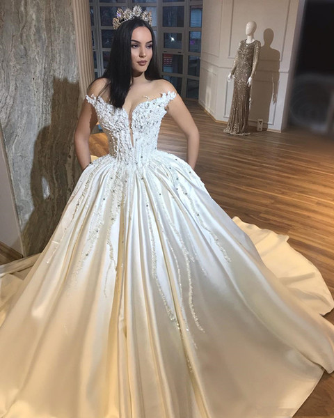 Princess Ball Gown Wedding Dresses See Through Jewel Pearls Beaded Applique Bridal Dresses Elegant Satin Sweep Train Wedding Gowns 33