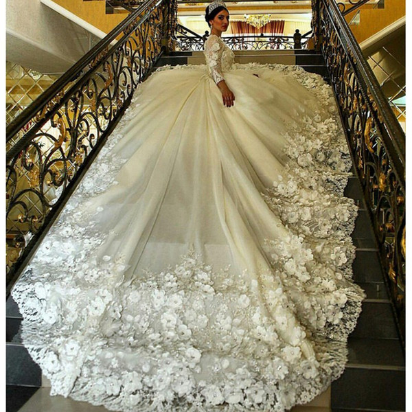 2017 Luxury Arabic Lace Ball Gown Wedding Dresses 3D-Floral Applique Princess Wedding Gowns Dubai Bridal Gowns Tiered Long Sleeve Customize