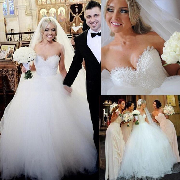 Lace Ball Gown Wedding Dresses Strapless Puffy Tulle Bridal Dresses Beaded Church Wedding Bridal Gowns Sweetheart Robe De Mariage Plus Size