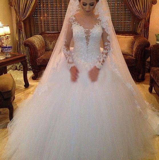 Fabulous Arabian Lace Wedding Dresses Sheer Neck Long Sleeve Applique Ball Gown Wedding Gowns Tulle Arabic Dubai Bridal Gowns Illusion