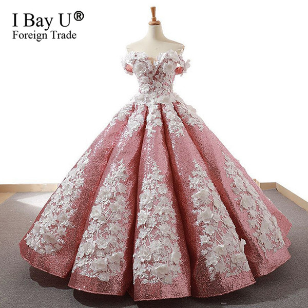 Pink Handmade Flowers Pearls Sexy Wedding Dress 2019 New Fashion Luxury Off Shoulder Bridal Gown Real Photo