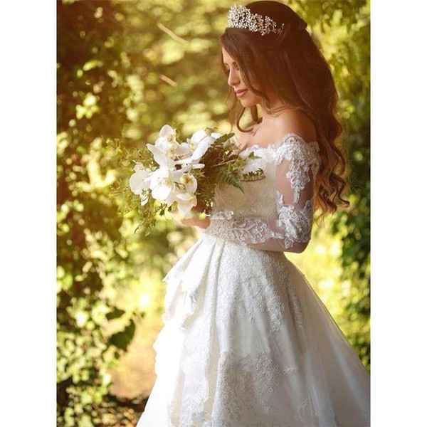 2017 Beautiful Lace Bridal Gowns Two Pieces Princess Off-the-Shoulder Wedding Dress Long Sleeve Vestidos de Noiva Overskirt Removable Train