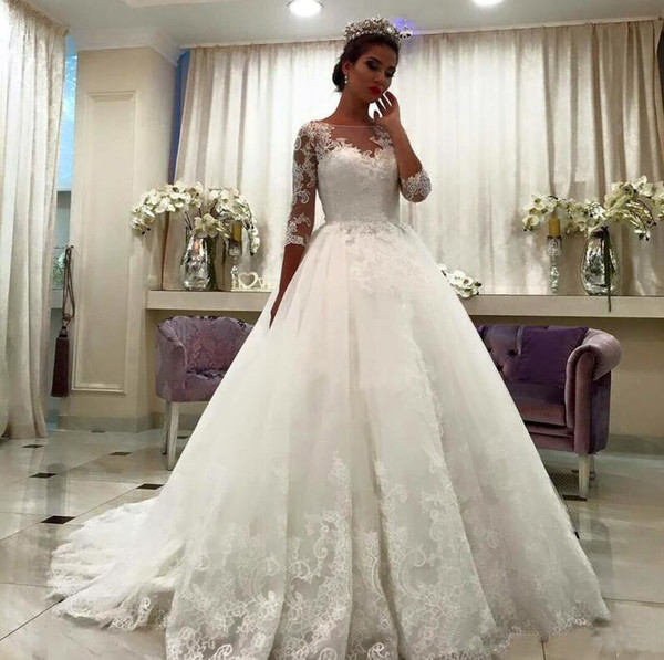 2017 Wedding Dresses Long Quarter Sleeves Wedding Dresses Bridal Gowns Lace Appliqued Sweep Train Ball Gown Vestido De Noiva 800