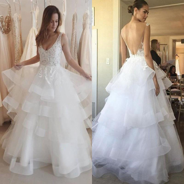 V Neck Wedding Dress Backless Ball Gown Wedding Dresses Bridal Gown Layered Tiered Ruffle Skirts Vestido De Noiva Lace Appliqued Bridal Gown