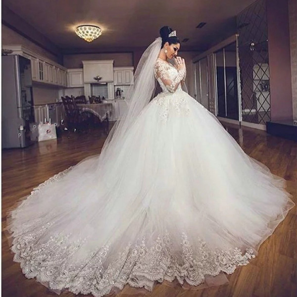 Vestido de Noiva 2017 New Ball Gown Princess Wedding Dress Bead Lace Luxury Bruidsjurken Rrobe de Mariage Long Sleeves Bridal Dresses