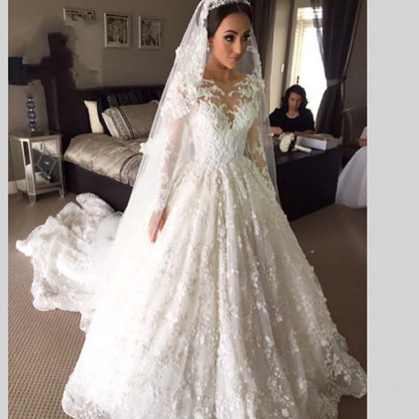 Vintage Court Train Ball Gown Wedding Dresses 2017 Vestido De Noiva New Floor-Length Lace Long Sleeve Muslim Off the Shoulder Bridal Dresses