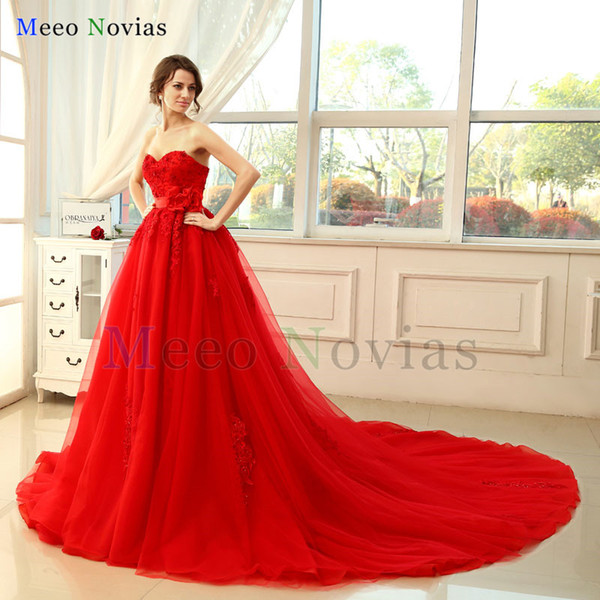 Luxury Princess Long Train Red Ball Gown Wedding Dresses New Arrival Lace Up Back Wedding Gowns Beaded Sweetheart Lace Bride Dress