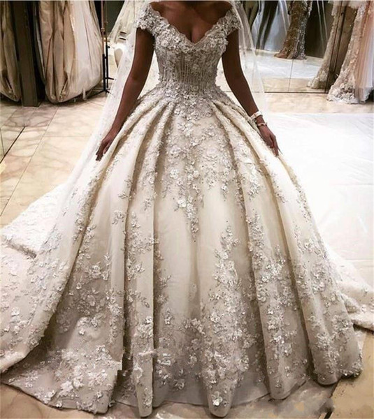 Solovedress Luxury Princess Lace Ball Gown Wedding Dress Off Shoulder Crystals Appliques Puffy Bridal Gowns