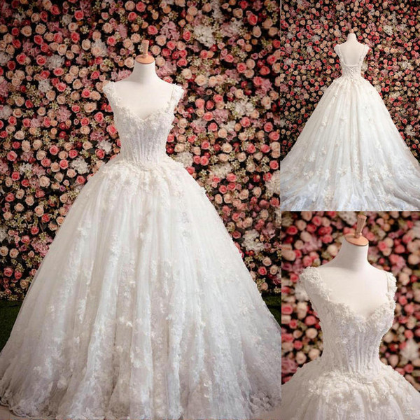 lace ball gown wedding dresses wedding dress Princess Sleeveless Ball Gown Ivory Tulle Long Wedding Dress with Flowers Appliques HS241