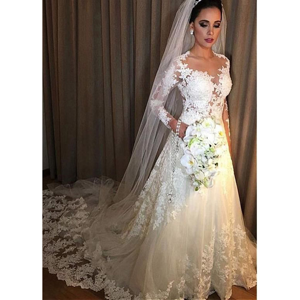 Sexy Long Sleeve Wedding Dresses New Jewel Neck Sweep Strain Lace Applique Illusion Formal Wedding Gowns Bridal Dress