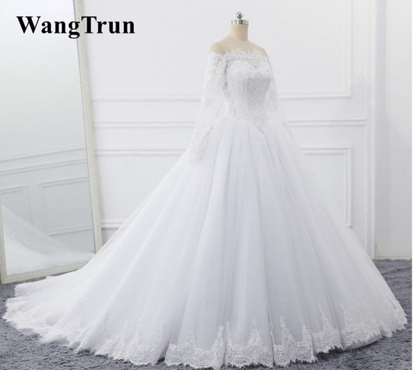 Trendy Long Sleeves Sheer Wedding Dresses Sequins Lace Sweep Train vestido de noiva Bridal Gown Ball Gowns For Bride Wedding Gowns