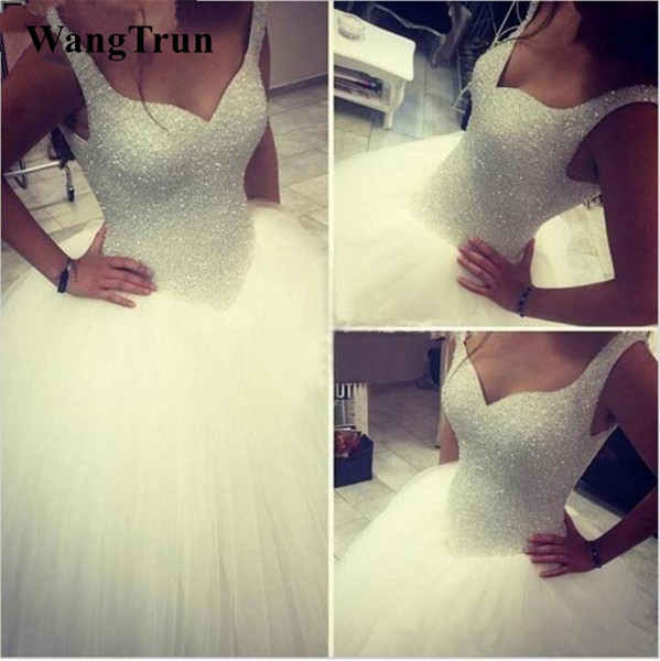 Shining Luxury Straps White Crystals Ball Gown Wedding Dress Beading Tulle Vestido De Noiva Bridal Gowns Wedding Gowns