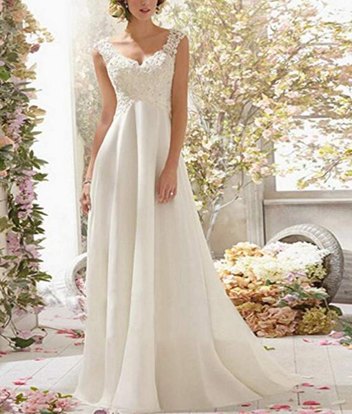 Elegant Lace Straps V Neck Wedding Dresses A Line Lace Appliques Beaded Bridal Gowns Chiffon Pleats Open Back Long Dress for Wedding