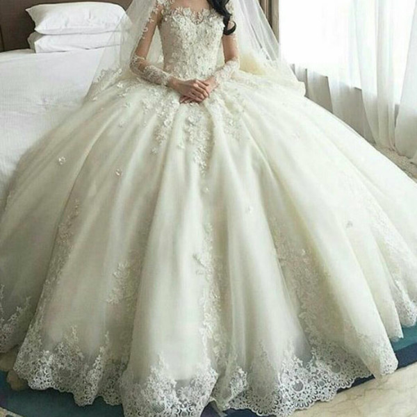 Vestido de noiva Hot sale Custom made V Neck Lace Appliques Ball gown Wedding dresses 2017 Long Sleeves Wedding dress Bridal gown