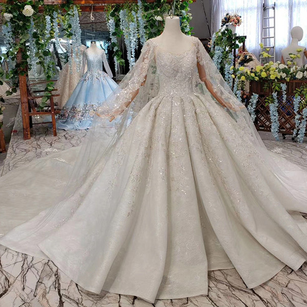 2022Latest Bohemian Wedding Dresses Long Tulle Sleeve Long Lace Shawl ON Neck Sequins Crystal Applique Pattern Backless Bridal Gowns Beach