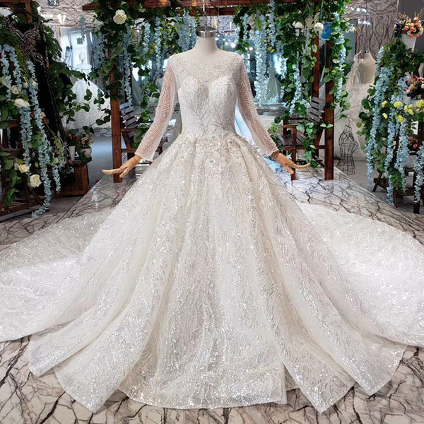 2022Latest Bohemian Wedding Dresses Long Tulle Sleeve Illusion Neckline O Neck Open Keyhole Back Sequins Crystal Applique Bridal Gown Beach