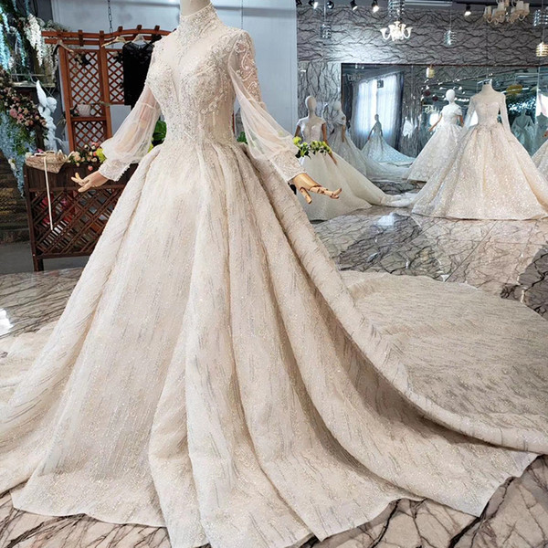 2022Latest Lebanon Wedding Dresses Long Tulle Sleeve High Neck Open Keyhole Back Crystal 3D Floral Applique Pattern Garden Bridal Gowns