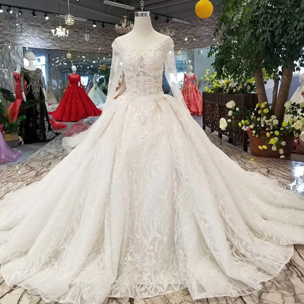 Beauty White Elegant Wedding Gowns Elegant O-Neck Long Sleeve Ball Gown Flowers Wedding Dresses Royal Long Train 2022Newest Design